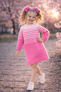 Modern pink stripe dress knitting pattern PDF featuring a soft striped design and timeless silhouette. Instant digital download for stylish handmade kids knitwear.
