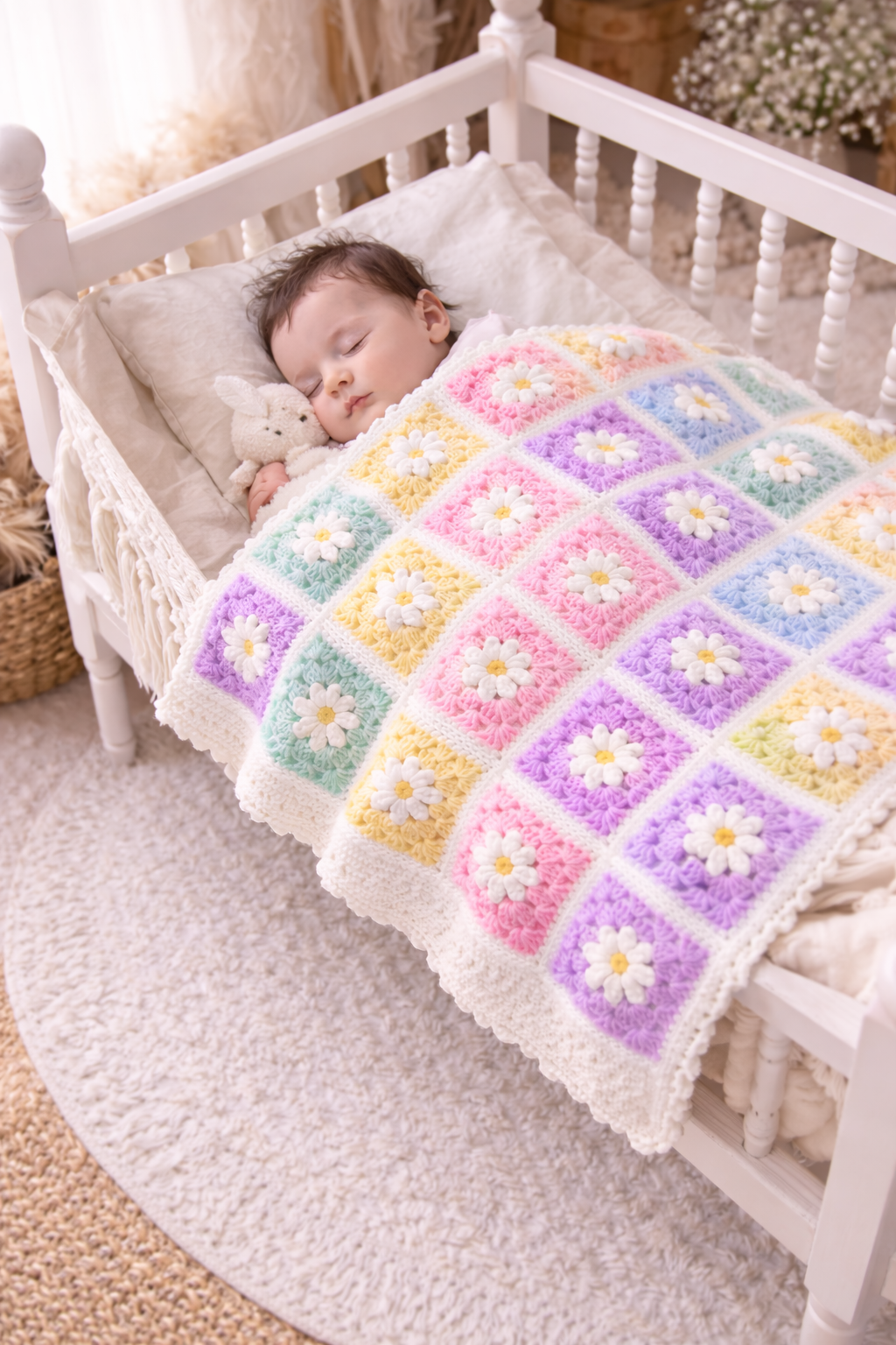 Soft and stylish handmade flower granny square crochet pattern for baby blankets. Clear step-by-step PDF instructions included.