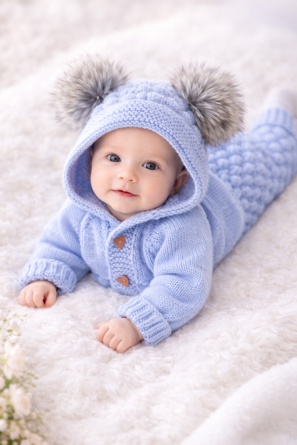 Back view of knitted baby romper with bobble stitch pattern, classic handmade baby overall knitting design.