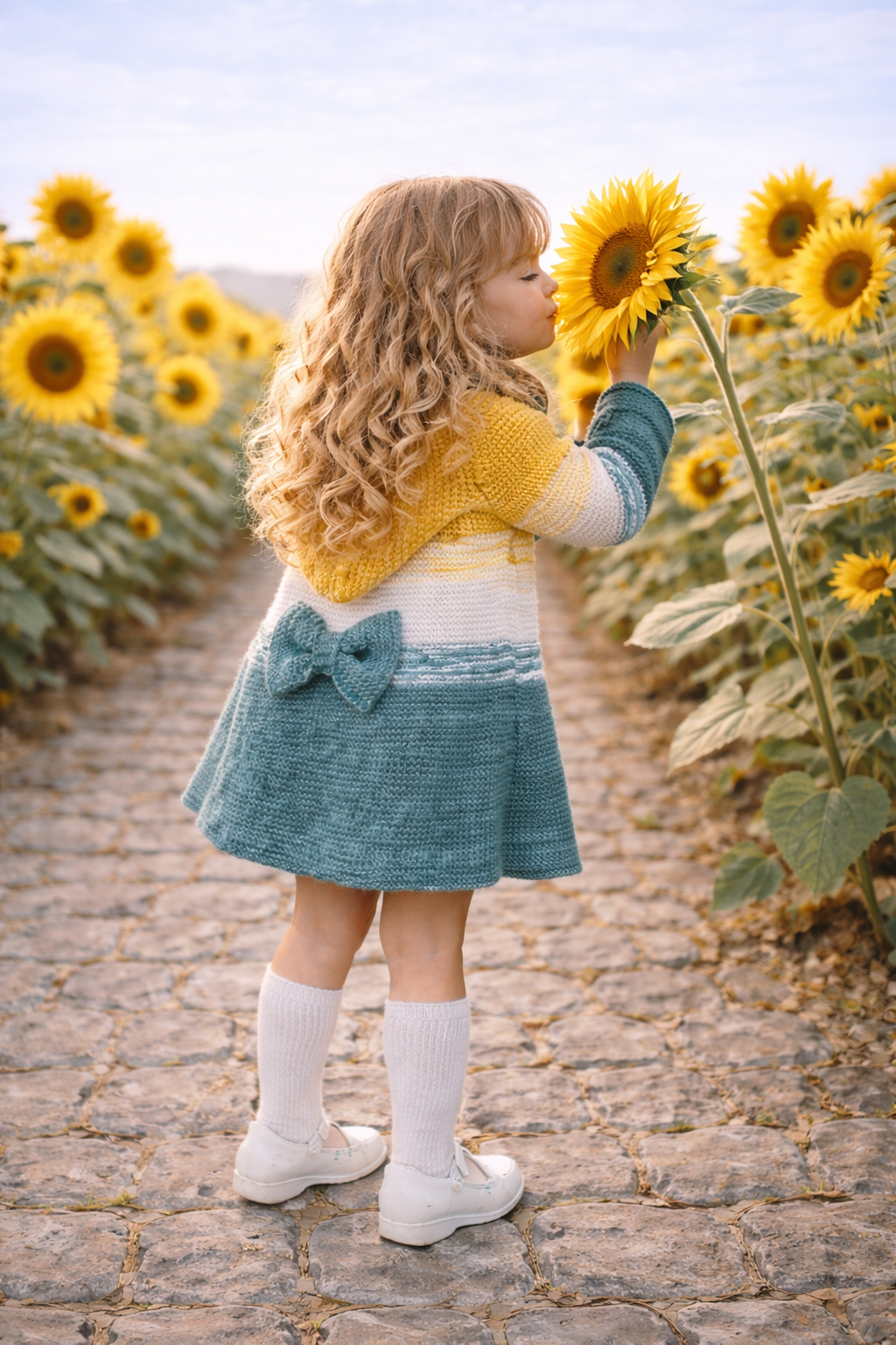 Stylish baby sweater knitting pattern PDF worn by a child in yellow and teal knit outfit photographed outdoors in soft natural light.